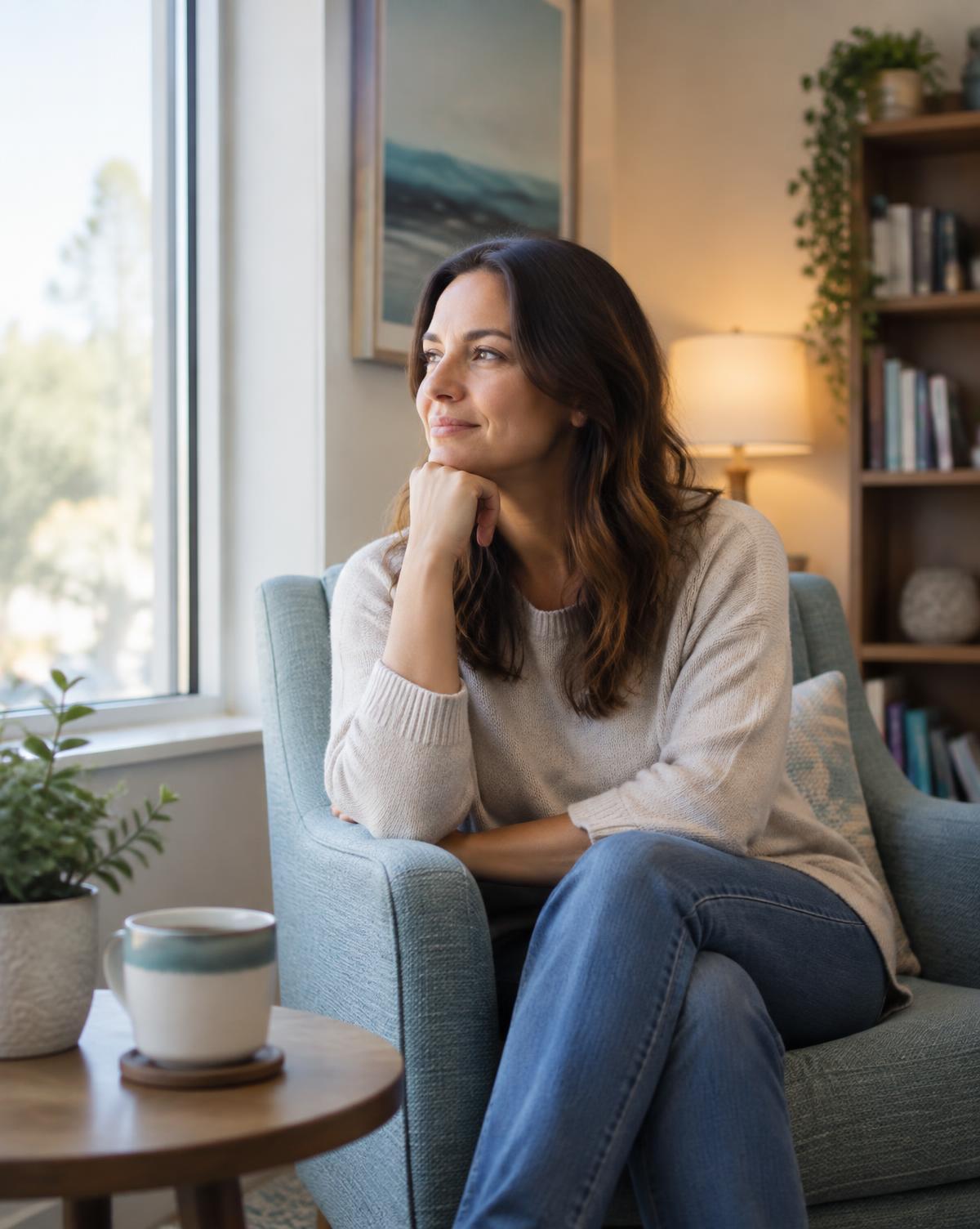 Mulher refletindo sobre emoções e experiências